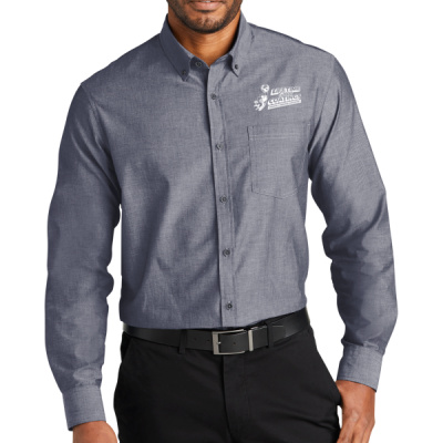 Button Down Long Sleeve-Digital Print-White Lettering-Long Sleeve Chambray Easy Care Shirt Thumbnail