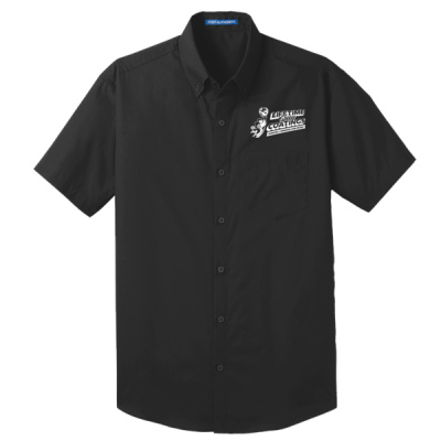 Button Down-Digital Print-White Lettering-Short Sleeve Carefree Poplin Shirt Thumbnail